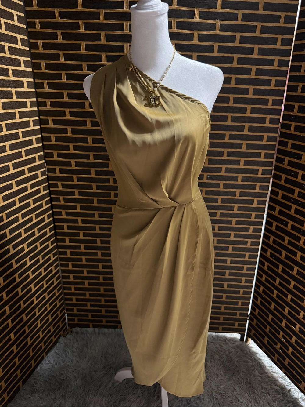 One-Shoulder Draped Midi Dress in Olive